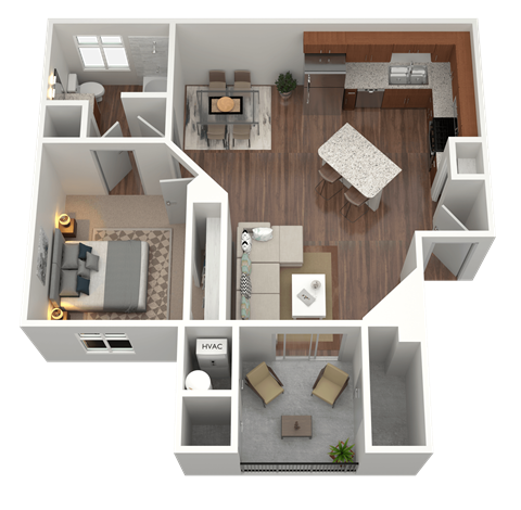 Floor plan for 1 bed, 1 bath, 749 sqft
